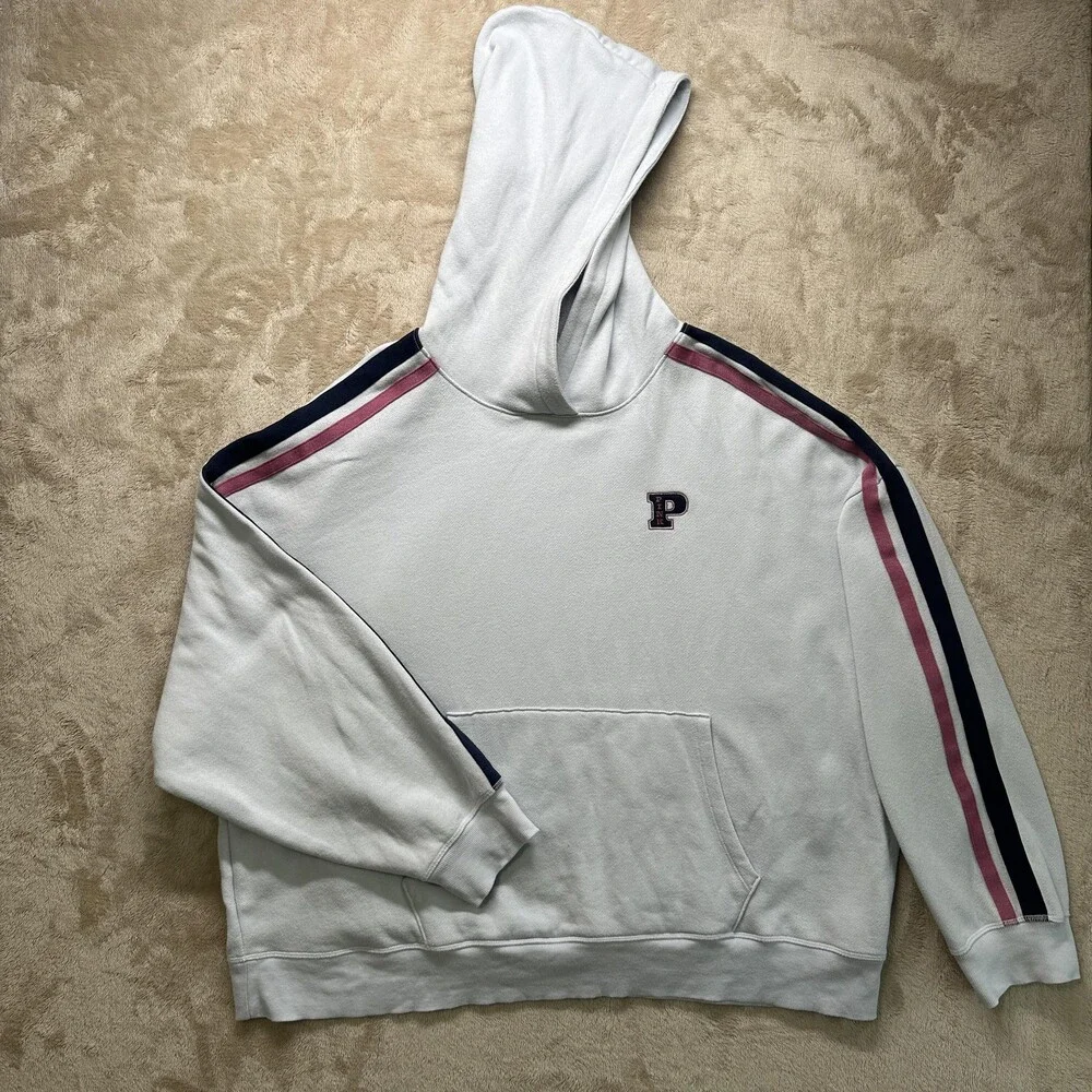 PINK Victoria's Secret Hoodie Womens 2XL White Pullover Stripe Sleeve P Logo